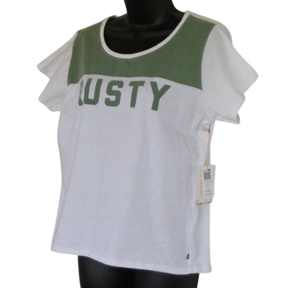 new RUSTY Tshirt, 10/M, White/Green Yoke, Short sleeves, Logo front, Cotton - Picture 2 of 9